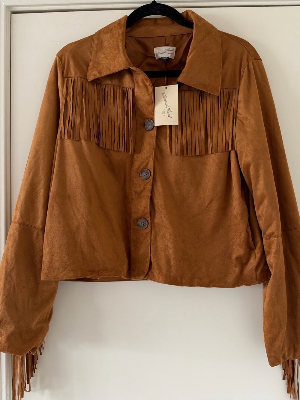Universal Thread Women’s Tan Brown Western Fringe Faux Suede Button-Front Jacket - Picture 3 of 9